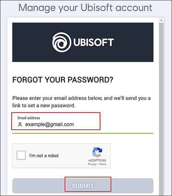 entrez l'adresse e-mail ubisoft et cliquez sur soumettre