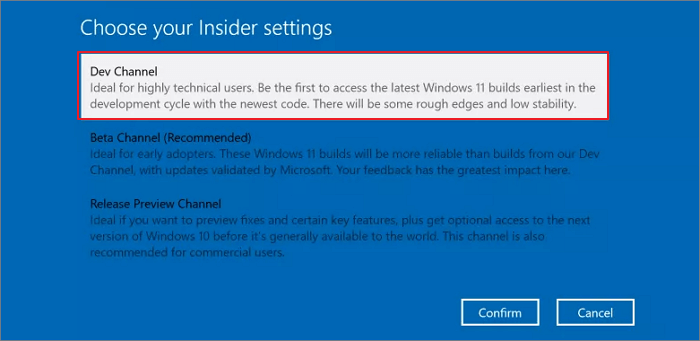Canal Dev pour Windows 11