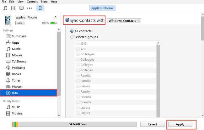Synchronisation des contacts via iTunes