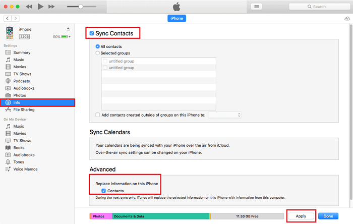 Synchronisation des contacts via iTunes
