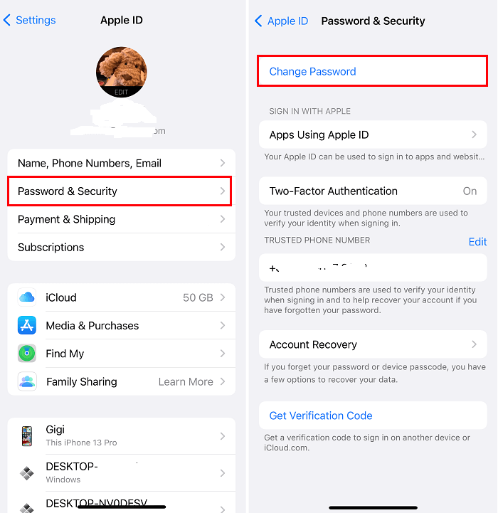 Modifier le mot de passe de l'Apple ID dans les Réglages