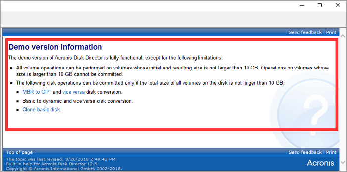 limitation de la démo d'acronis disk director