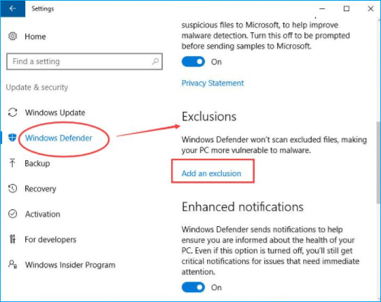 ajouter à Windows Defender