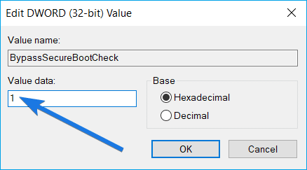 changez la valeur de BypassSecureBootCheck à 1