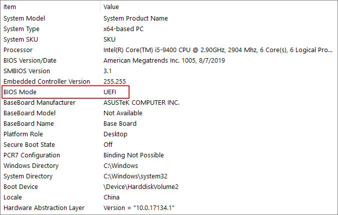 Vérifiez le mode BIOS pour Win 11