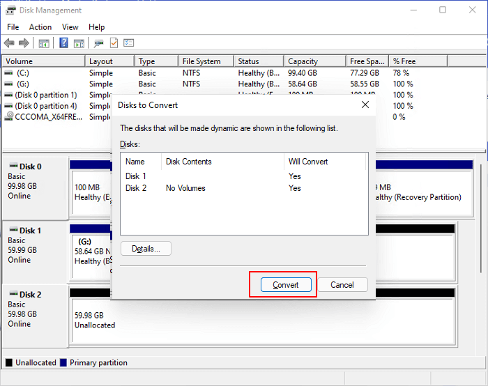 Confirmer la conversion de deux disques en dynamique
