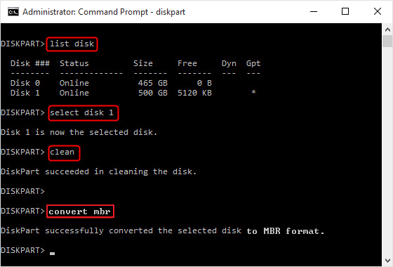 Convertir un disque en mbr ou gpt à l'aide de Diskpart