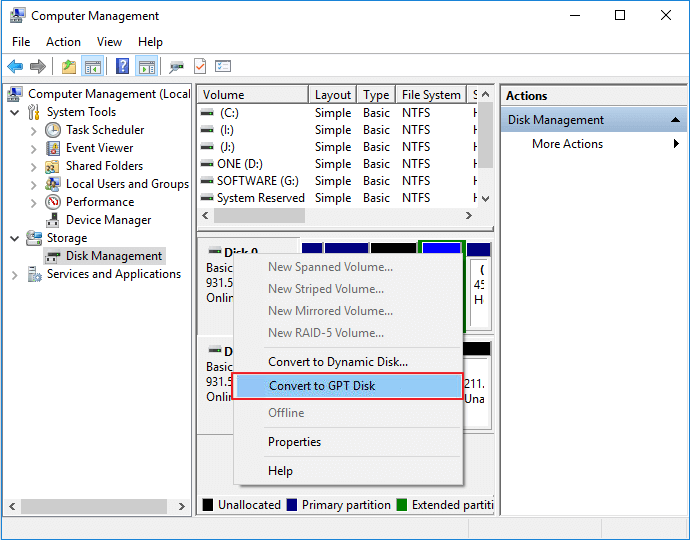 convertir mbr en gpt avec la gestion des disques
