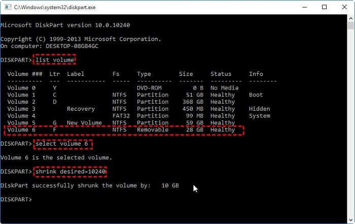 Réduire une partition en utilisant Diskpart