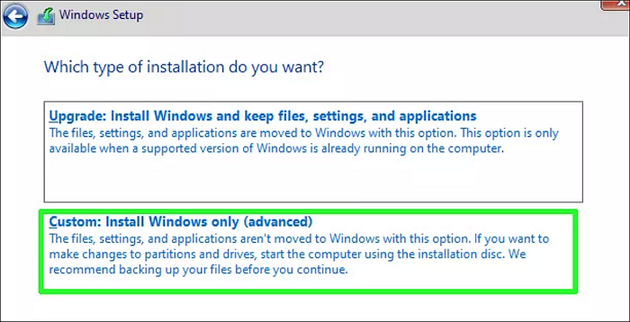 choisir l'installation personnalisée