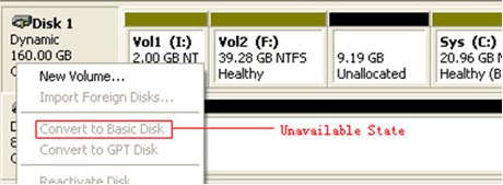 Conversion de disque dynamique en disque de base non disponible