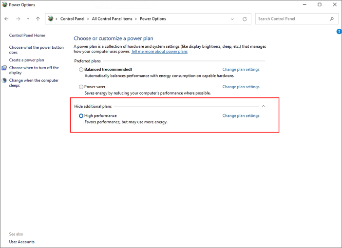 Changez le plan d'alimentation en haute performance pour optimiser Win 11 pour les jeux.