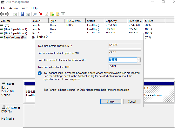 Entrez la taille de l'espace à réduire
