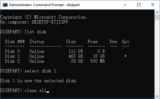 Nettoyer toutes les paritions du disque avec diskpart