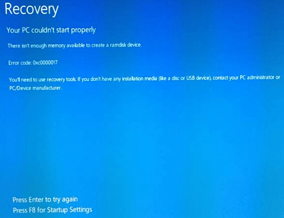 code d'erreur 0xc0000017 - vous n'avez pas pu démarrer correctement