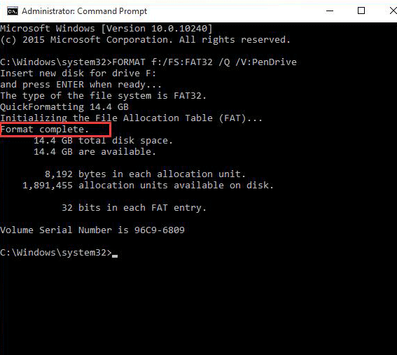 utiliser cmd pour réparer le format ne s'est pas terminé avec succès