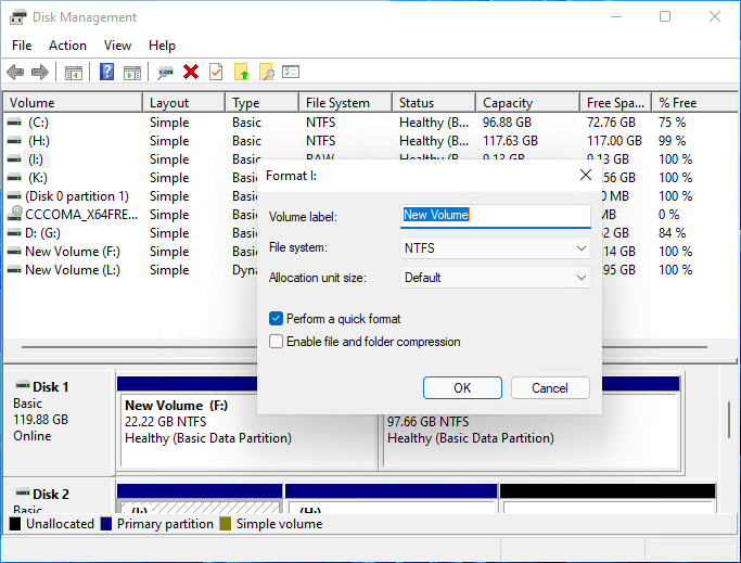 formatage du volume avec la gestion des disques