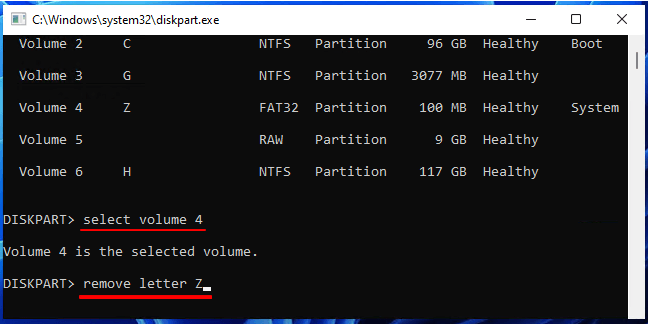 Sélectionner et supprimer la lettre de volume