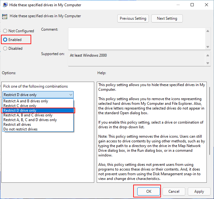 Sélectionnez le lecteur à masquer