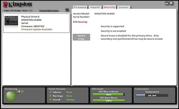 interface du gestionnaire de ssd kingston