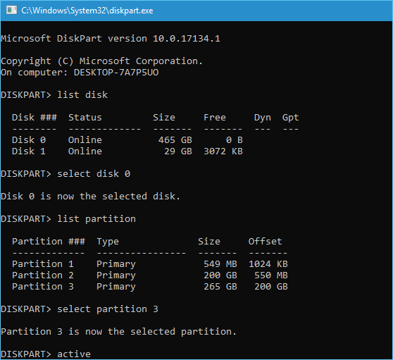 Configurer la partition active en utilisant diskpart