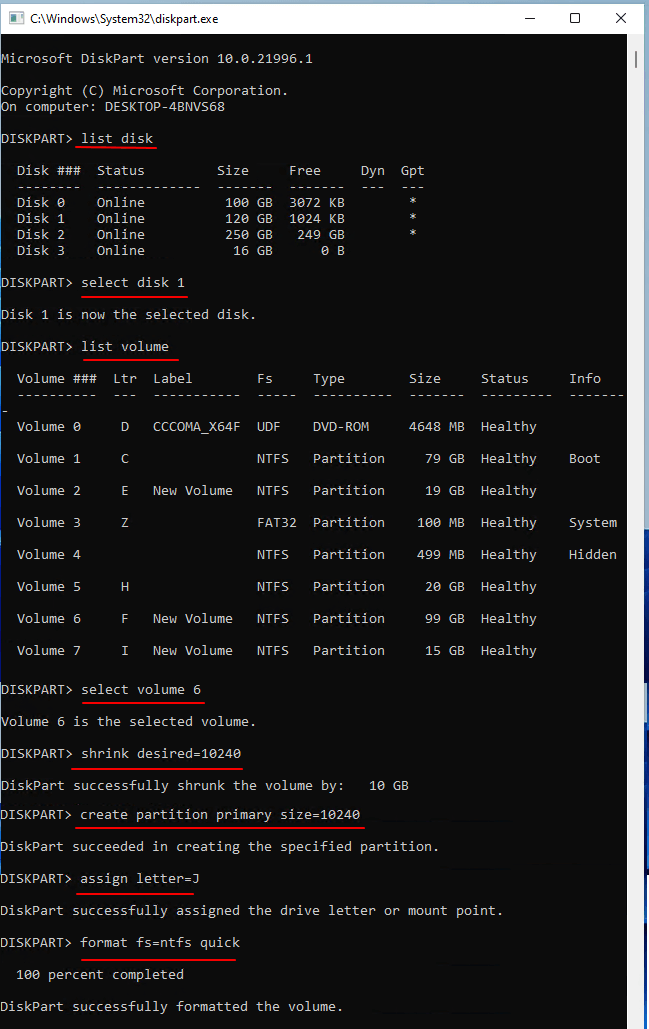 partitionner un ssd sans espace non alloué dans diskpart