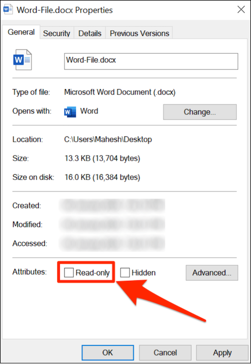 décocher la lecture seule