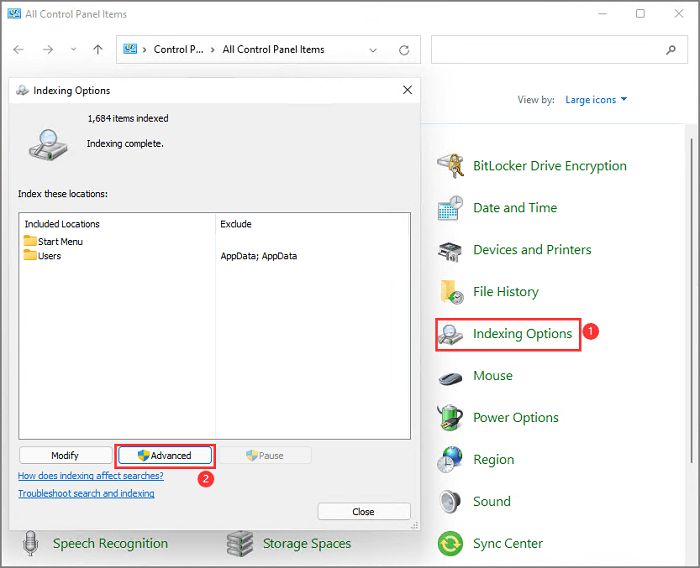 option de reconstruction de l'indexation