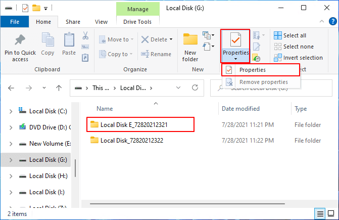 Ouvrir les propriétés du dossier ou du fichier