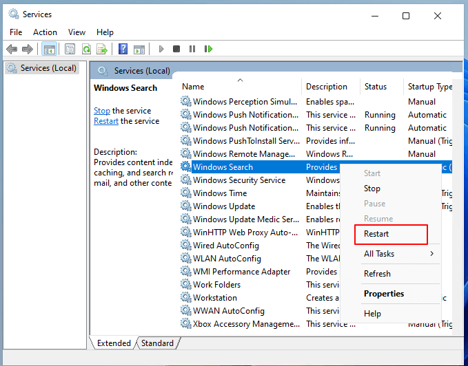 Redémarrer le service de recherche Windows