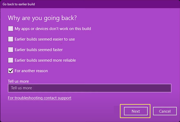 Vérifiez les raisons pour lesquelles vous souhaitez rétablir Windows 11