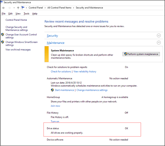 vérifier les erreurs de disque dans Windows 10 dans Sécurité et maintenance