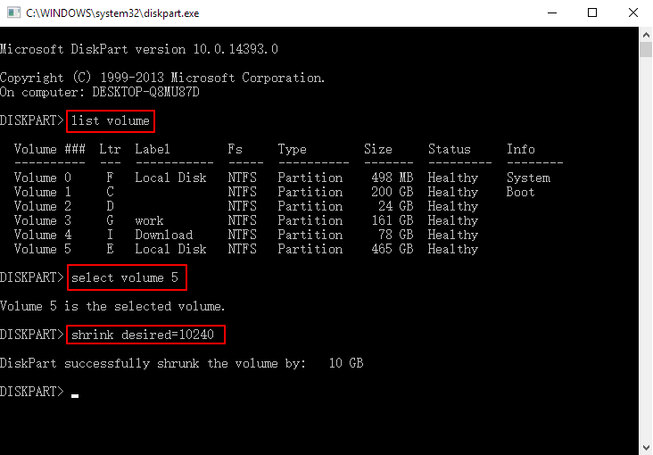 rétrécir le volume diskpart windows 10