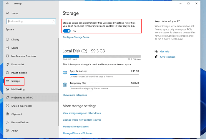 Activer Storage Sense dans Windows 11