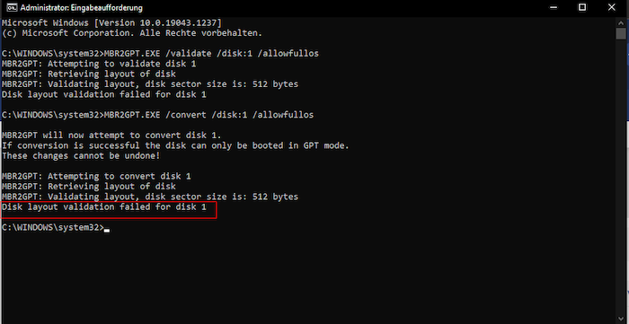 tentative de conversion, mais la validation de la disposition du disque a échoué pour le disque 1