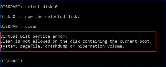 Le nettoyage n'est pas autorisé avec l'erreur virutual disk service