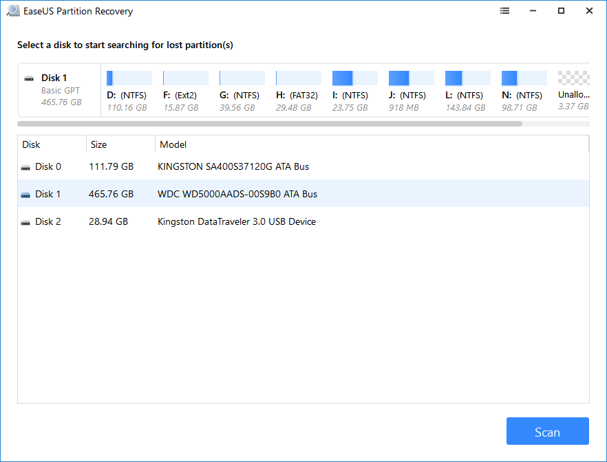 Sélectionnez le disque pour analyser la partition perdue