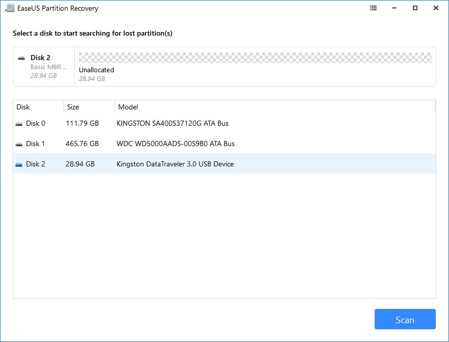 Sélectionnez le périphérique pour rechercher la partition perdue