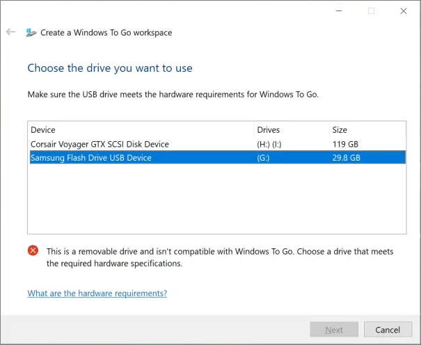 Sélectionnez le lecteur USB pour Windows To Go