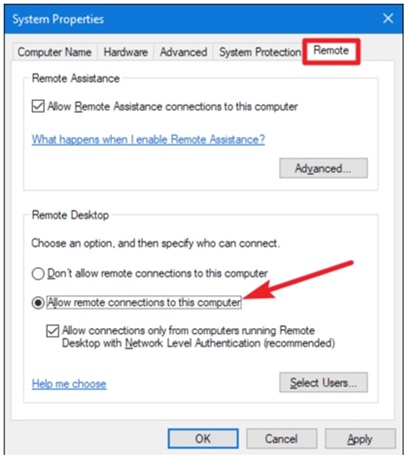 Autoriser les connexions à distance à cet ordinateur 