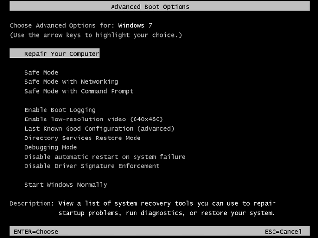 appuyez sur F8 pour accéder aux options de réparation de Windows 7