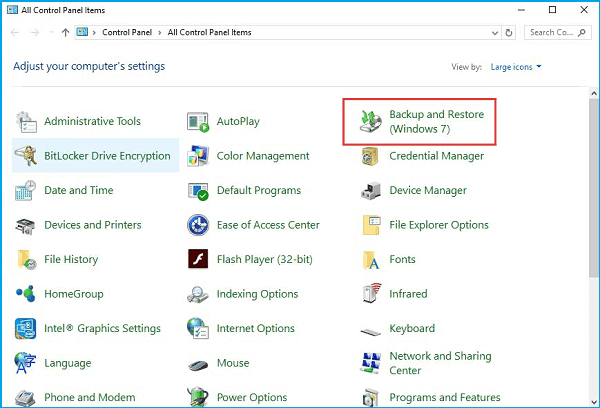 sélectionner la sauvegarde et la restauration de Windows