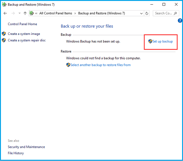 cliquez sur configurer la sauvegarde pour copier les profils d'utilisateur