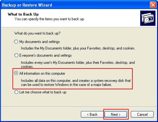 Sélectionnez les éléments à sauvegarder avec l'utilitaire de sauvegarde de Windows XP