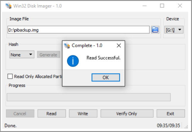 l'outil Win32 Disk Imager affiche une alerte contextuelle