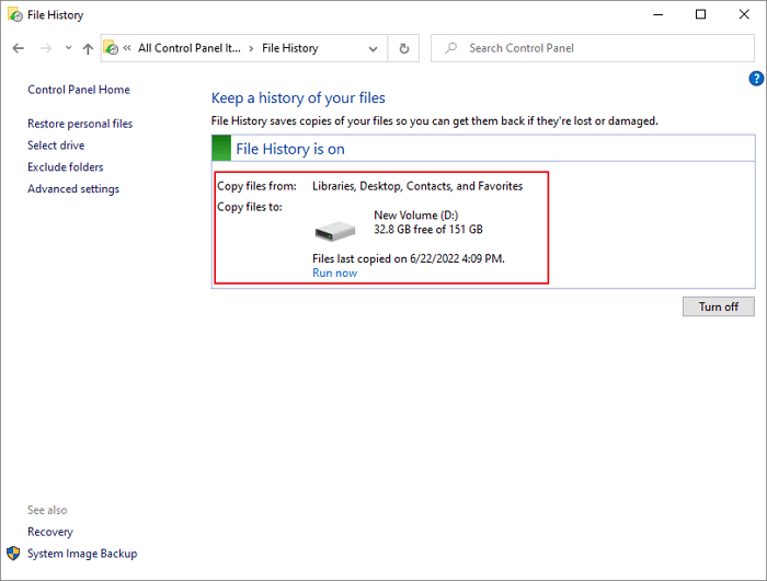 configuration des paramètres de l'historique de l'historique des fichiers