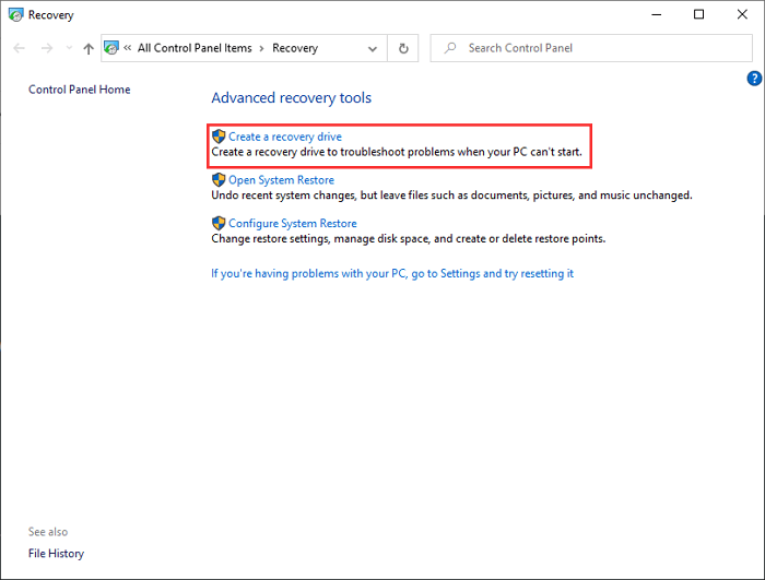 créer un lecteur de récupération dans le panneau de configuration