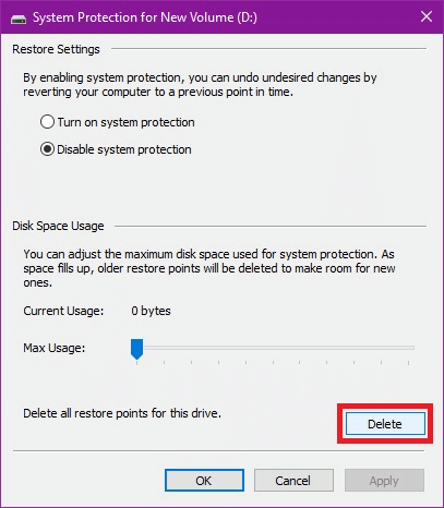 Supprimer les points de restauration