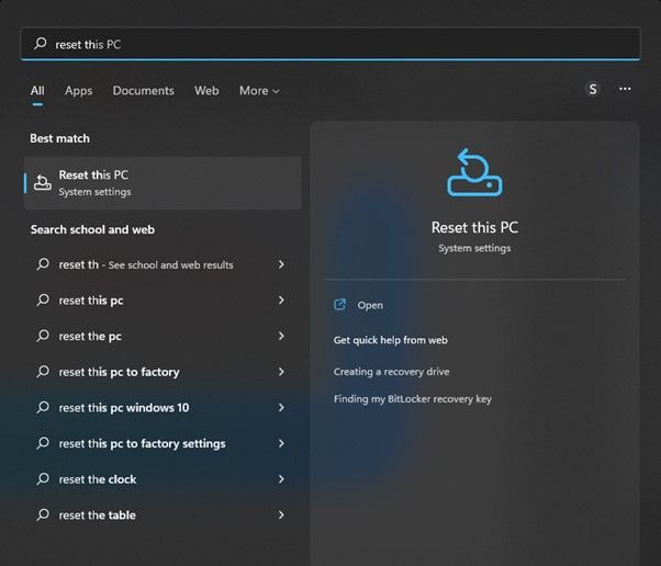 choisir de réinitialiser ce PC