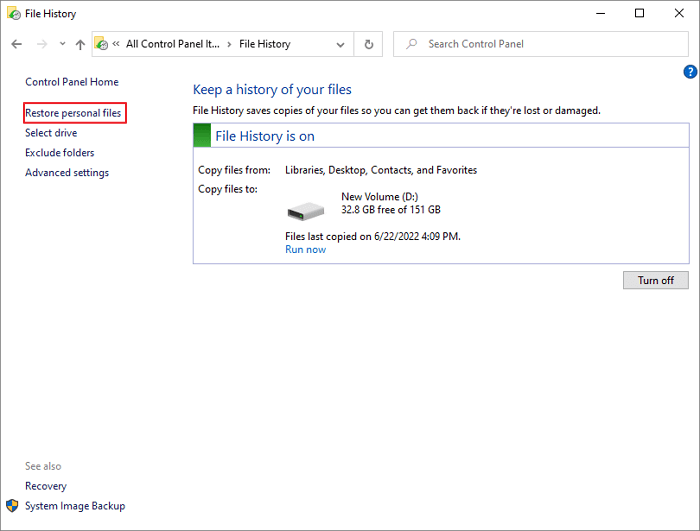 restaurer des fichiers personnels avec l'historique des fichiers